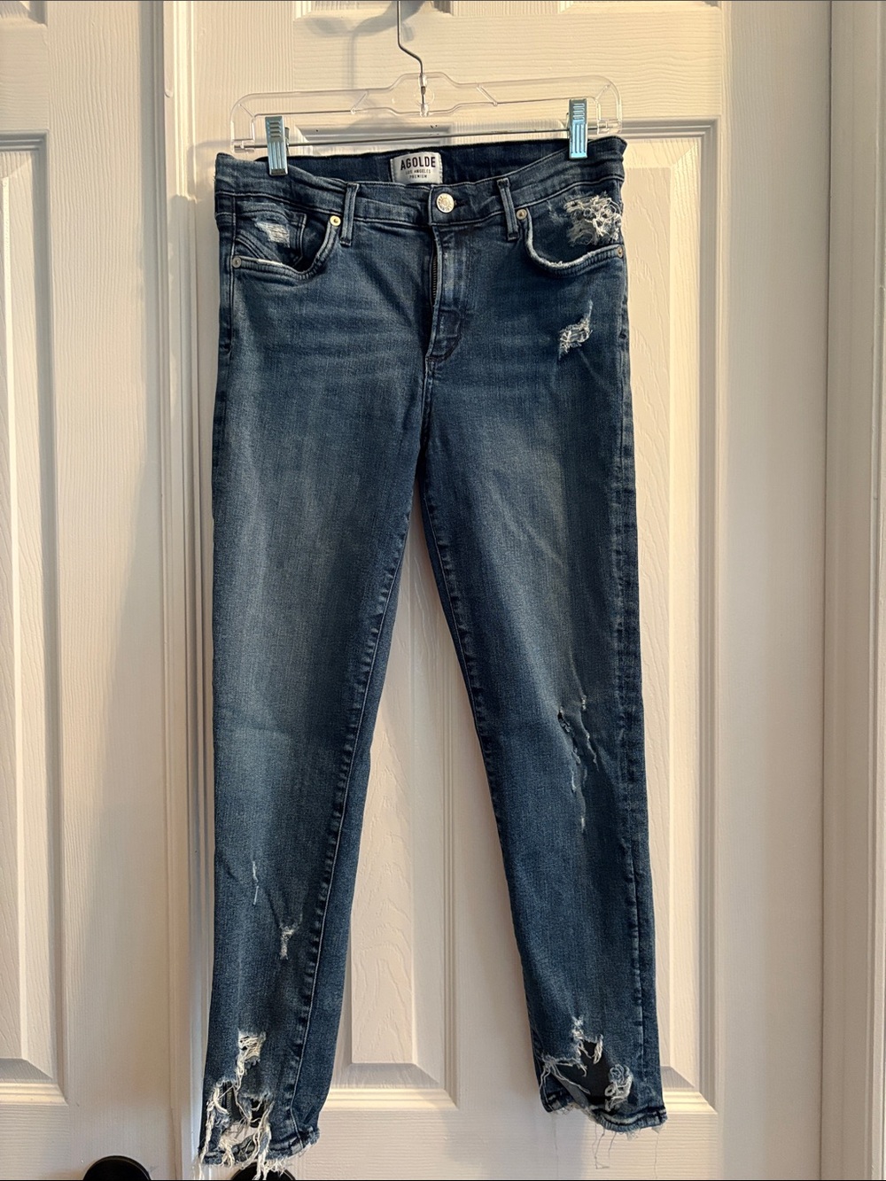 Agolde Style A018 B-843 denim Blue Chewed Hem Distressed ankle Skinny Jeans 29